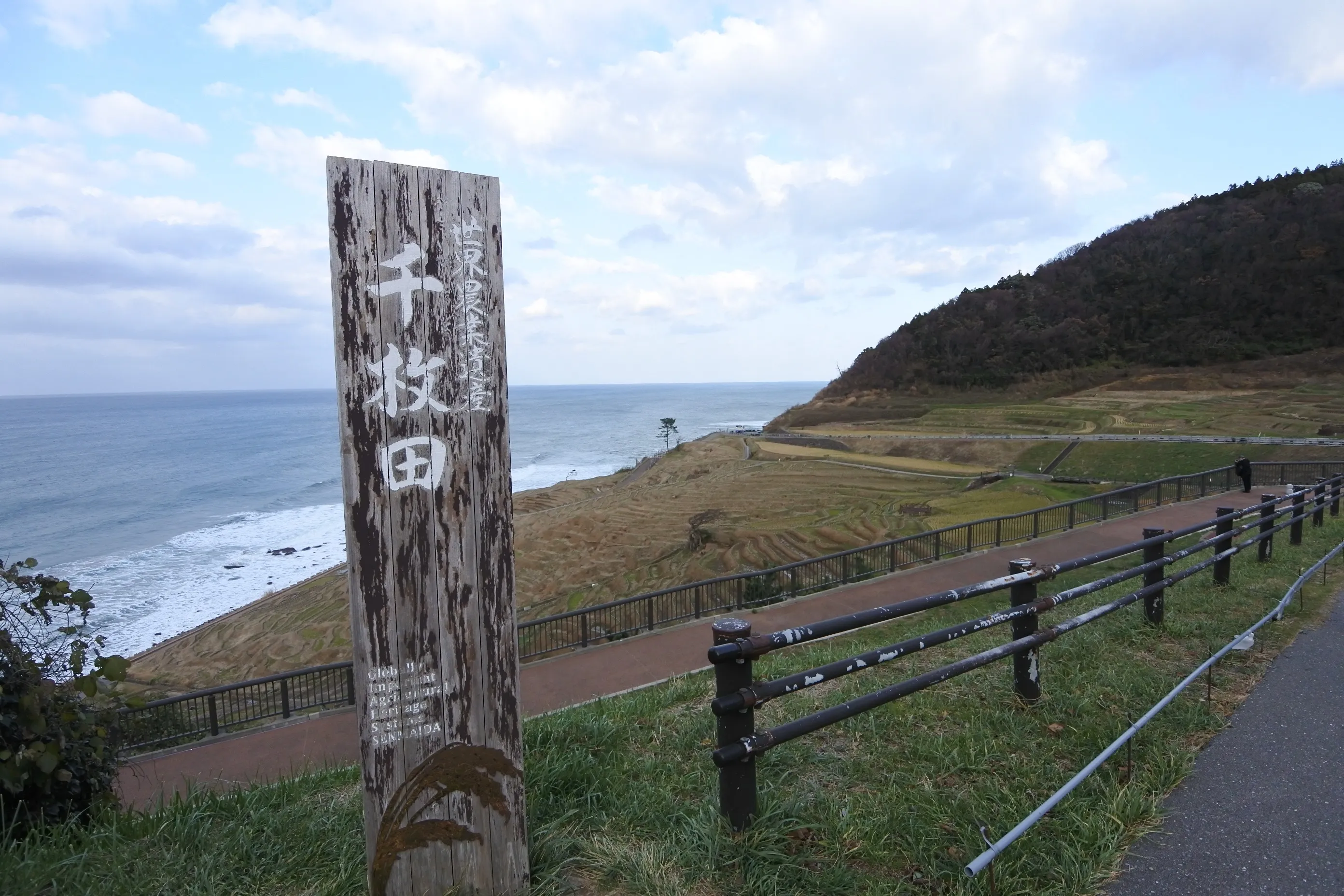 「白米千枚田」の木製看板と、奥に広がる冬の日本海